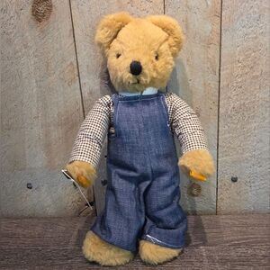 Alresford Crafts Ltd. Vintage Teddy Bear In Overalls And Plaid Shirt With Tag